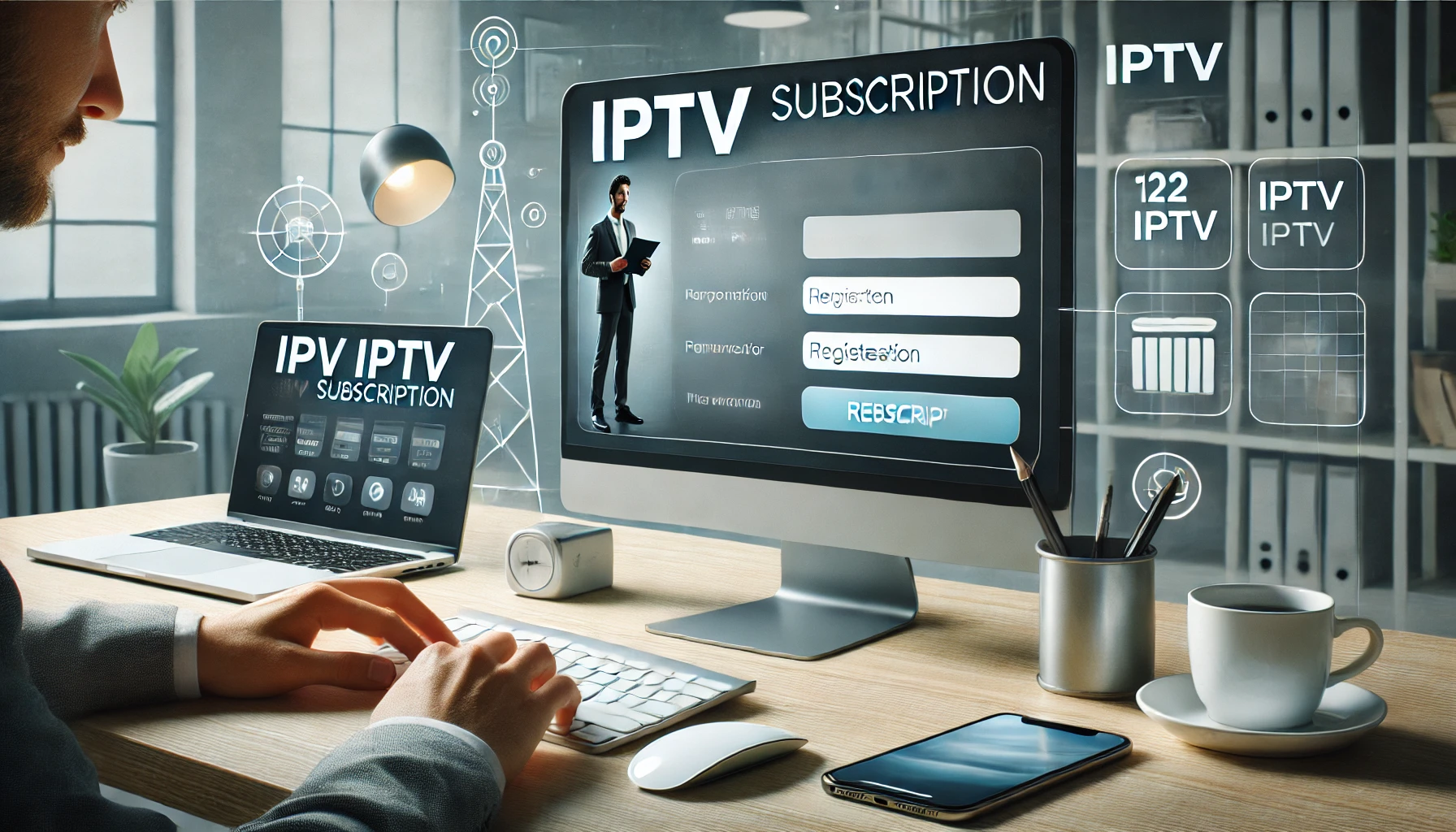 Interface moderne et élégante d'un site web d'abonnement IPTV affichée sur un écran d'ordinateur, avec un utilisateur remplissant un formulaire d'inscription.