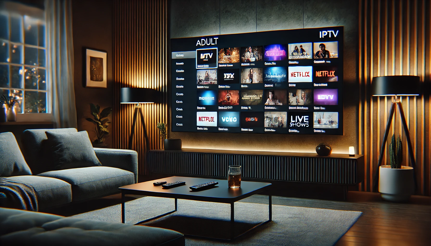 Un salon moderne avec un grand écran de télévision intelligente affichant un menu de chaînes IPTV adultes populaires, offrant des options de films, séries et spectacles en direct.