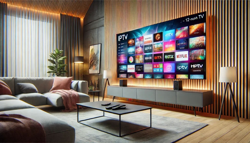 Un salon moderne avec une grande Smart TV fixée au mur, affichant une interface IPTV dynamique avec diverses options de chaînes. La pièce est confortable et bien éclairée, avec un canapé et une table basse équipée d'une télécommande, illustrant un environnement domestique moderne et connecté.