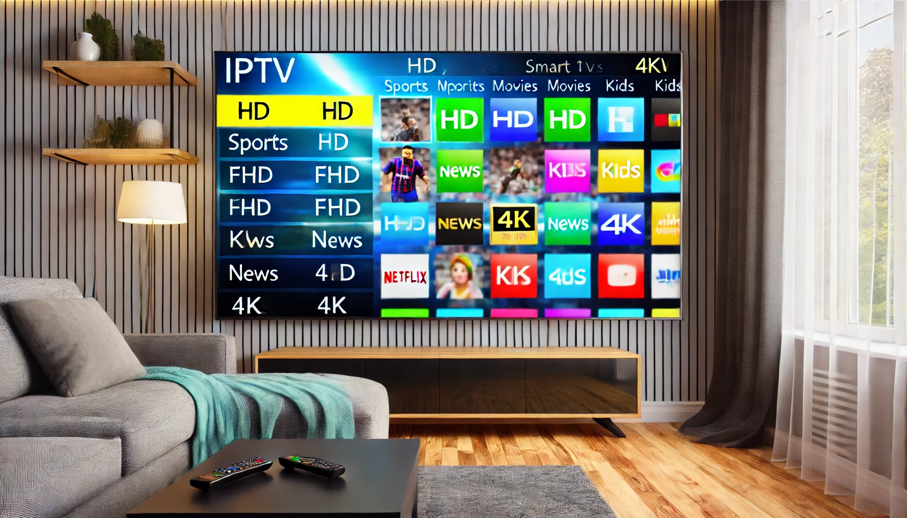 Un salon moderne avec une grande Smart TV affichant une interface IPTV. L'écran montre une variété d'options de chaînes, y compris des sports, des films, des actualités et des chaînes pour enfants. La pièce est bien éclairée, confortable, avec un canapé et une table basse.
