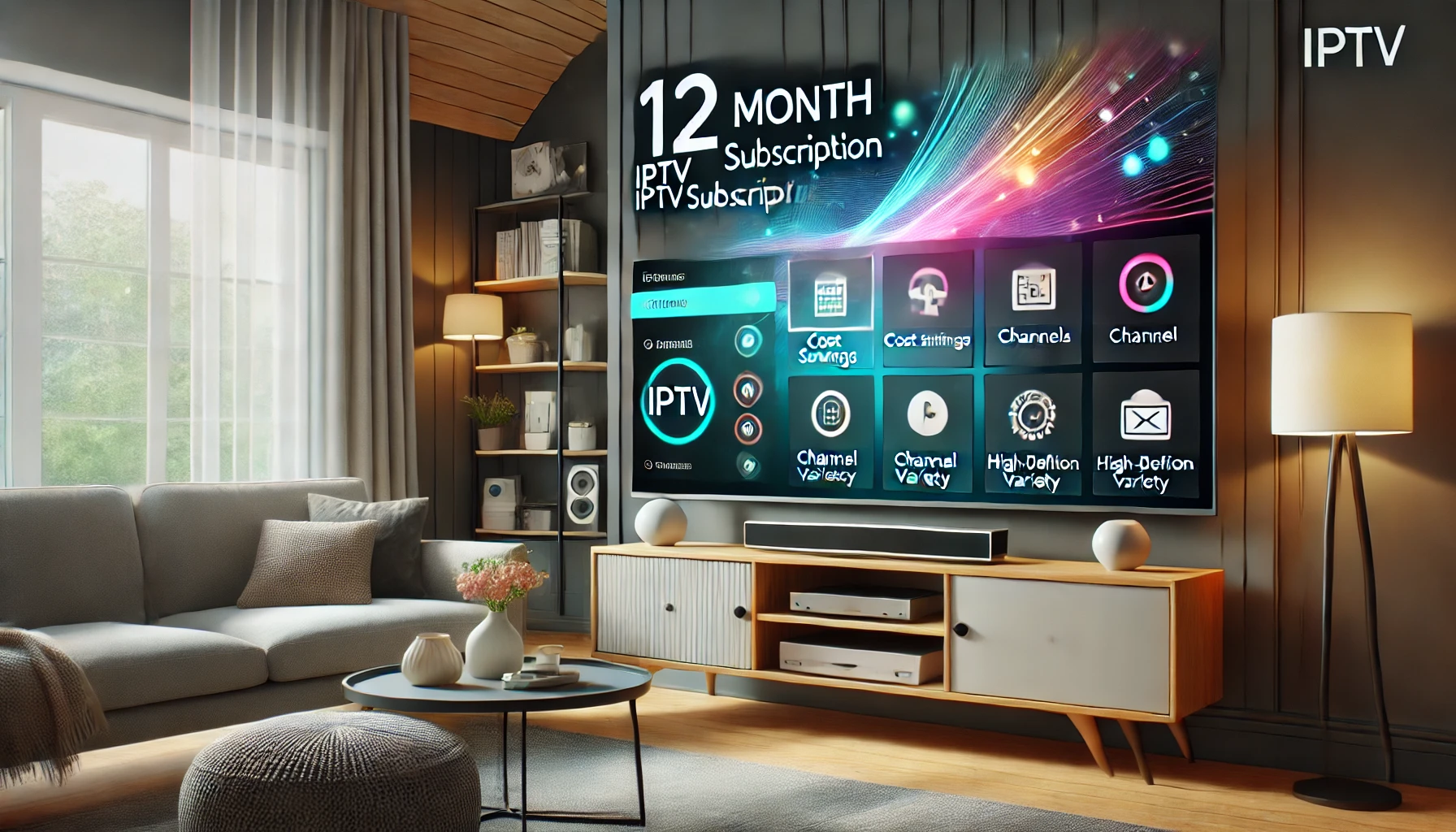 Un salon moderne avec une Smart TV affichant une interface IPTV vibrante. L'écran de la télévision met en évidence les avantages de choisir un abonnement IPTV de 12 mois, incluant des fonctionnalités telles que les économies, la variété des chaînes, et le streaming en haute définition. La pièce est confortable et bien éclairée, avec un canapé, une table basse, et des éléments de décoration modernes.